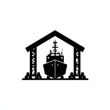 This design features a shipyard hangar with a large boat positioned inside, suggesting preparation for repair or construction activities. The flat style emphasizes simplicity and clarity
