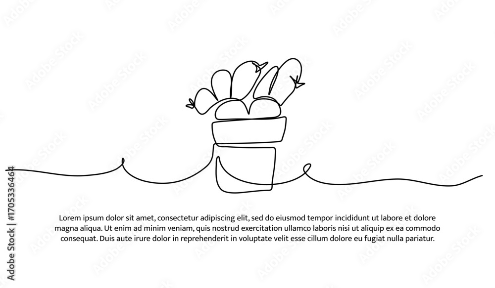 Poster one line of plants in a pots. abstract minimal continuous line.