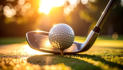 Golf ball on tee with club at sunset.