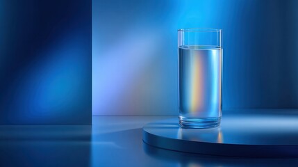 A glass filled with clear water stands on a round surface, surrounded by softly glowing blue lighting that creates a serene, modern atmosphere. The reflective surfaces enhance the tranquil vibe