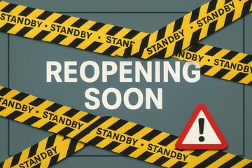 Reopening soon banner with caution tape and warning icon, eye-catching retail promo alert for upcoming business return.