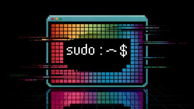 Pixelated terminal with 'sudo' command on a rainbow glitch screen, an ideal illustration for programming and hacking concepts