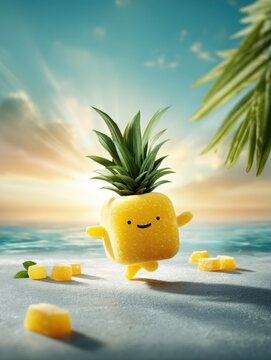 Declan, a cheerful pineapple mascot, joyfully dances on the sandy beach as the sun sets over the water, surrounded by gummy treats and palm trees