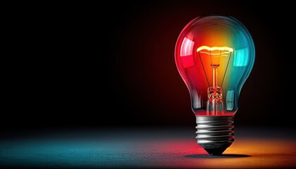 A light bulb emits a colorful glow in red, green, yellow, and blue tones, casting a lively atmosphere in the surrounding darkness. The vibrant colors showcase artistic lighting design