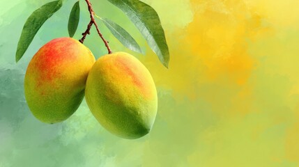 Two ripe mangoes hang gracefully from their branch, showcasing vibrant shades of green, yellow, and hints of red. This tropical delight is set against a soft pastel backdrop