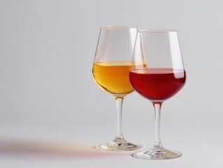 Two exquisite wine glasses showcase a refreshing white wine and a bold red wine, perfect for an evening gathering or intimate celebration. The glasses are elegantly shaped, enhancing the experience