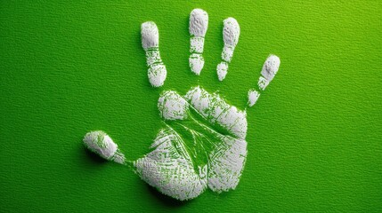 A white hand print is clearly displayed on a vivid chroma-green background, highlighting the contrast between the two colors. This design captures attention with its vivid simplicity