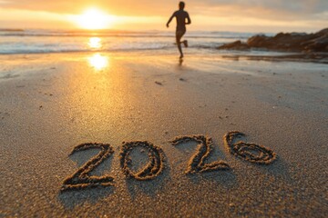 new year fresh start, person running on beach at sunrise, 2026 drawn in sand, bright natural vibe