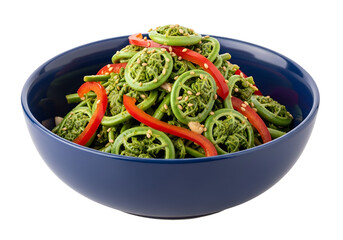 A vibrant display of fresh fiddlehead fern salad, glistening with sesame seeds and red bell pepper slices, presented in a deep blue bowl.