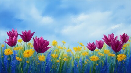 Vibrant watercolor illustration of blooming tulips and wildflowers in a lush green field under a bright blue sky, creating a serene and colorful spring atmosphere
