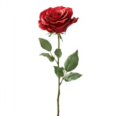 Single deep red rose with stem and leaves