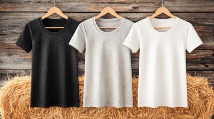 Three women are showcasing blank tee shirts in a cozy barn filled with hay, creating a laid-back farm vibe. The environment highlights rustic charm and simplicity