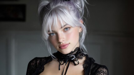 A young woman exudes charm with her striking blue eyes and silver hair styled in a playful updo. Dressed in dark lace attire, she poses confidently indoors, showcasing her unique beauty