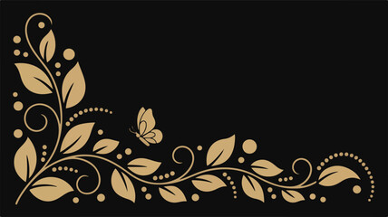 Fototapeta premium Golden Floral Swirls and Butterfly on Black Background vine leaves