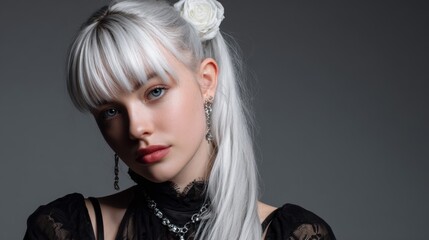 A young model poses elegantly with long silver hair styled in a sleek ponytail, adorned with a white flower. Her outfit features black lace, creating a sophisticated and eye-catching look