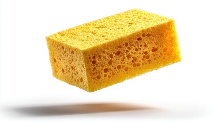 Capturing a yellow kitchen sponge hovering against a bright white background, this piece highlights the sponge's textured surface perfect for household cleaning tasks, enhancing any kitchen setting