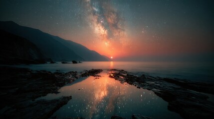A stunning night sky filled with stars and the Milky Way shines down on calm water, creating a beautiful reflection against the dark silhouettes of mountains. The tranquil atmosphere invites serenity