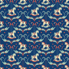 Seamless retro Christmas pattern with toy horses, ribbons, and bows. Bright festive design for wrapping paper, textile backgrounds, holiday decor, and playful