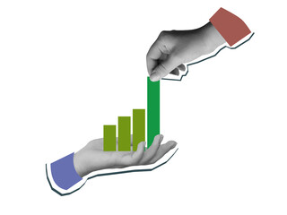 Black and white hand helps to grow graph in other hand. Modern collage style. Illustration on transparent background