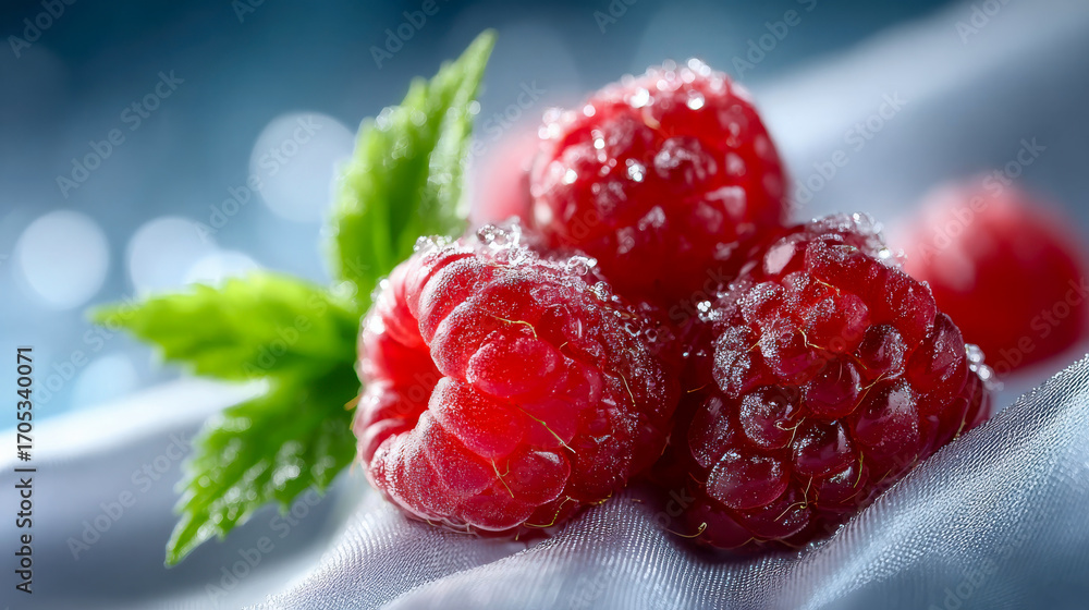 Poster close-up of fresh raspberries with frost and dew drops resting on soft white fabric