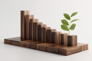 Growth concept: Textured wooden blocks forming a rising bar chart with a vibrant green plant.