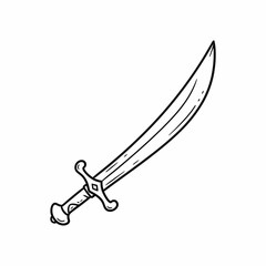 A hand-drawn illustration of a curved scimitar, a historical single-edged sword.