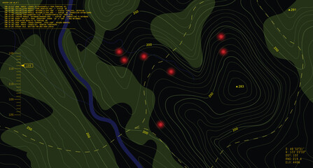 Military-style topographic map with contour lines, elevation data, and coordinates. Red military targets on map. Strategy visuals, navigation design, and tactical interfaces. Battlefield top view.