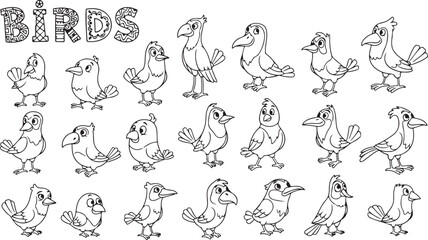 Collection of Cartoon Birds Line Art with Decorative 'BIRDS' Text