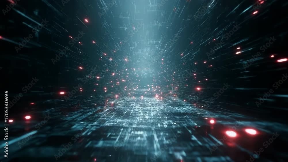 Poster a computer generated image of a cityscape with a bright blue sky and a large number of red lights