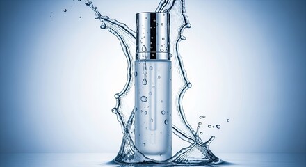 Hydrating Serum Elegance - A Bottle Surrounded by Water Splashes.