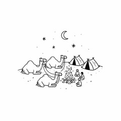 Simple black and white drawing of camels resting near a campfire with tents in a desert landscape at night.