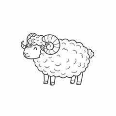Obraz premium Cartoon illustration of a fluffy ram with large, curled horns, standing with a happy expression.