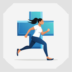 Woman Running Through Medical Cross Symbol.