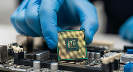 Blue-gloved hand installs a central processing unit onto a motherboard, highlighting advanced technology assembly