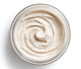 Creamy light beige lotion in a clear glass jar