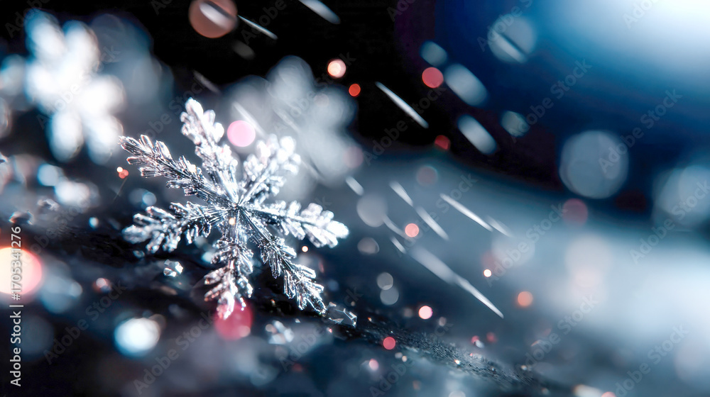 Poster detailed view of a crystal snowflake with frosty edges on a dark blurred background