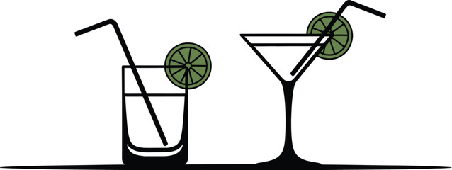 Two refreshing cocktails with lime garnish and straws on a white background