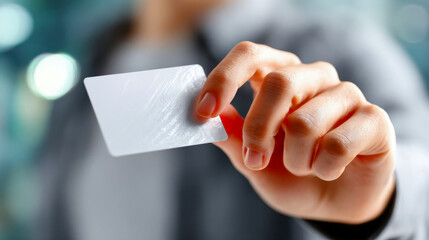 Close-up of woman holding a blank white business card with red nail polish in a blurred background