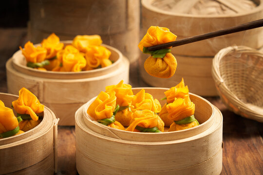Salted egg yolk siu mai with shrimp filling, Chinese Cantonese breakfast