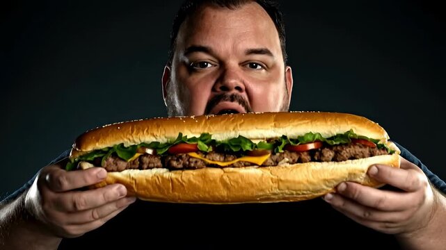 Obese man holding huge unhealthy fast food sandwich, showing excessive eating, poor food choices, high calorie meal, and bad nutrition habits.
