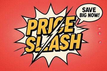 Price slash promotional banner with "SAVE BIG NOW!" statement, comic bold style, attention-grabbing retail discount offer.