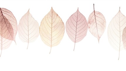 Obraz premium A row of pale autumn leaves, each differing in color and shape, arranged horizontally on a white background, suitable for greeting cards, covers, and social posts, leaving space for text at the top.