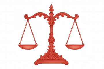 Ornate red justice scales precisely balancing, symbolizing legal equilibrium against transparent backdrop