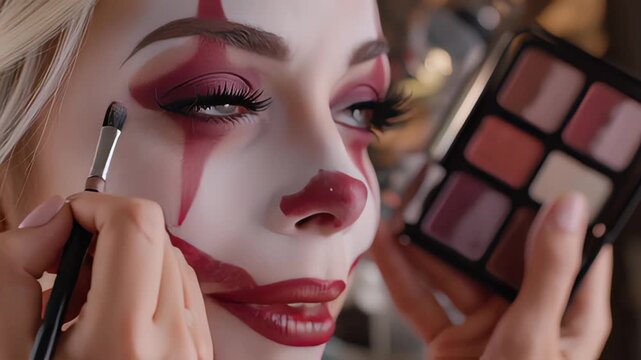 Clown makeup application studio beauty tutorial artistic close-up creative transformation