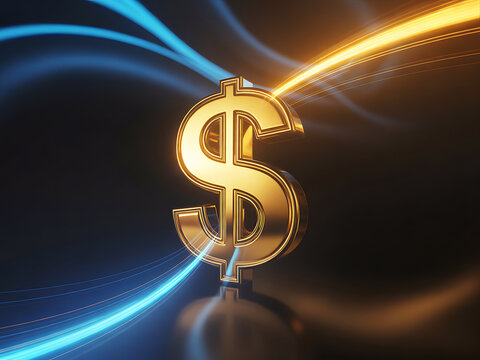 Golden dollar sign surrounded by energetic streaks of light symbolizing financial exchange
