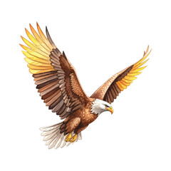 Obraz premium Bald eagle in flight with spread wings, brown and white feathers, sharp talons and beak, vector illustration for wildlife or conservation design, Isolated on transparent background, png