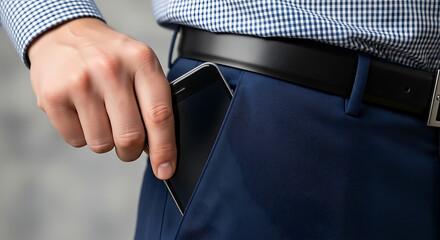 Close-up of a person's hand putting a smartphone into their blue pants pocket