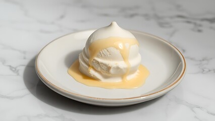 A single scoop of vanilla ice cream on a ceramic plate, showcasing creamy texture with subtle drips against a minimalist marble background.