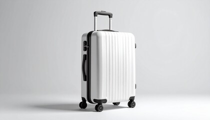 White hard-shell suitcase with vertical ribbed texture, four spinner wheels, retractable top handle, and side grip, placed against a light background to emphasize durability, mobility, and modern trav