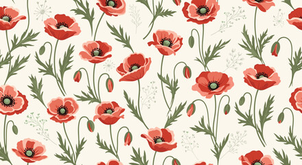 Fototapeta premium A vibrant pattern featuring blooming red poppies and delicate green leaves on a cream background. This design evokes a sense of natural beauty and rustic charm.